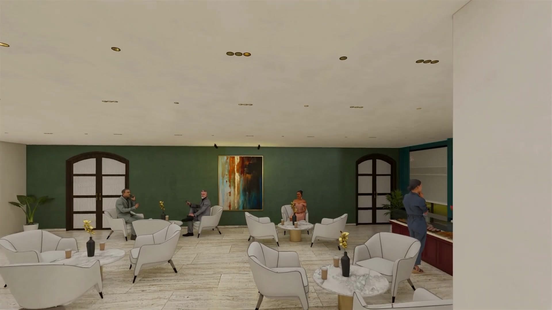 Guest lounge with elegant seating and artwork