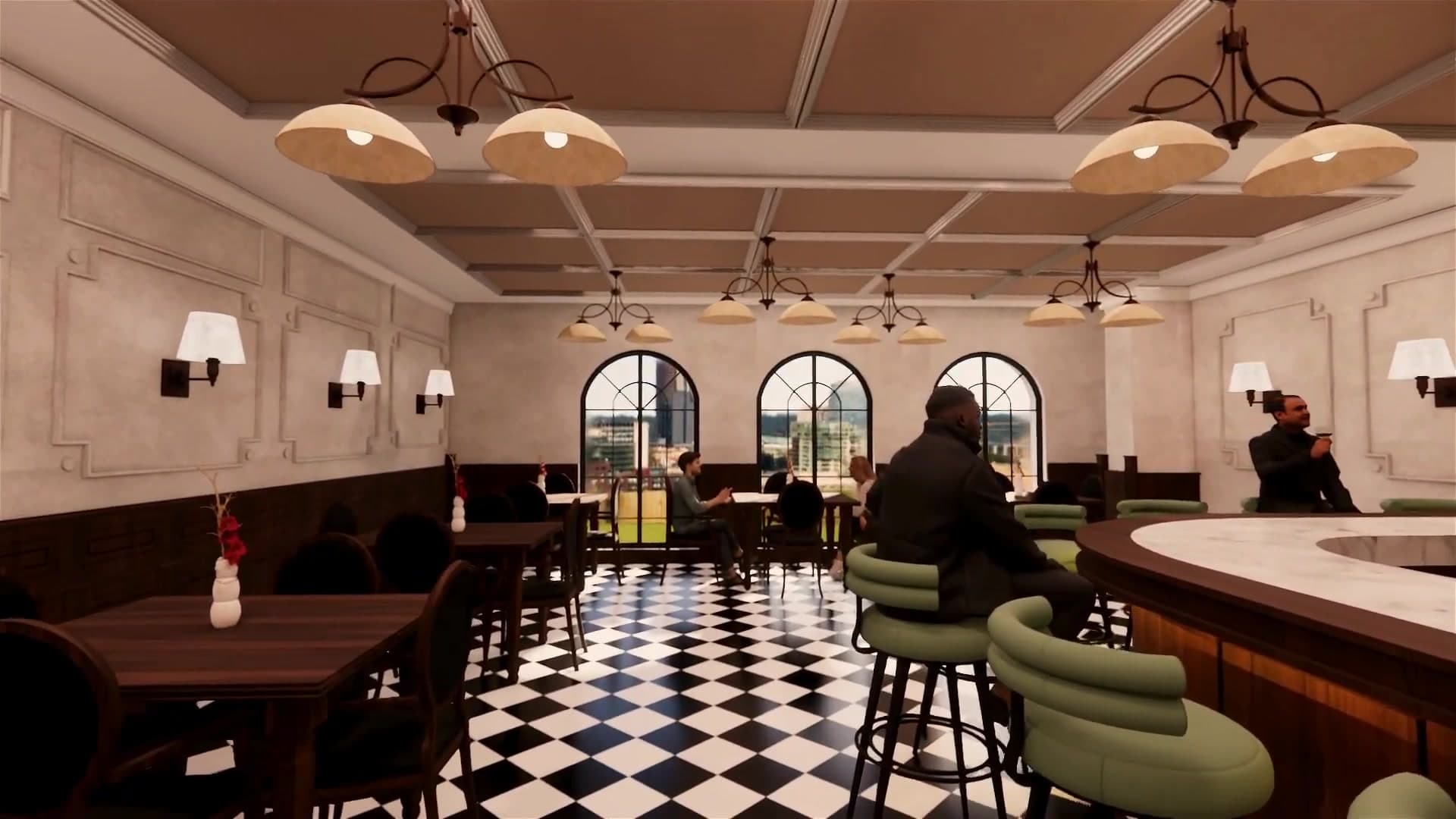 Restaurant bar with green upholstered stools and arched windows